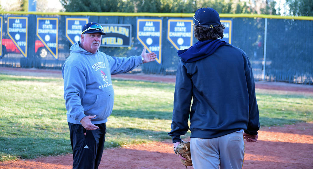 Robert Vendettoli/Boulder City Review
Boulder City High's newly hired varsity baseball coach Ed McCann instructs junior pitcher Shaun Jones during a practice Tuesday afternoon.