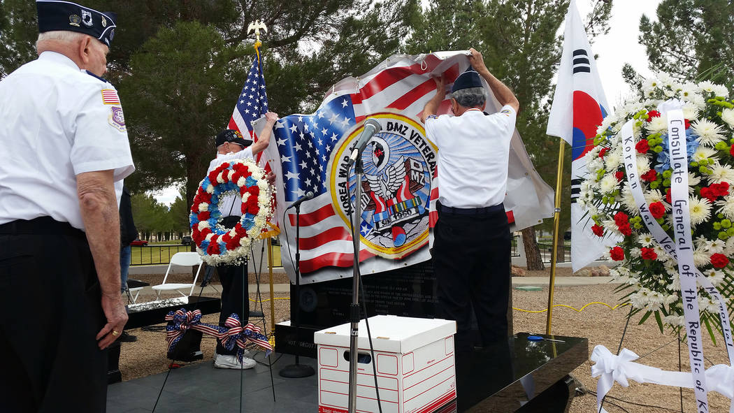 Celia Shortt Goodyear/Boulder City Review
Members of the Korean War Veterans Association Tibor Rubin Medal of Honor Chapter No. 329 in Las Vegas unveil the new Korean War memorial in the Memorial  ...