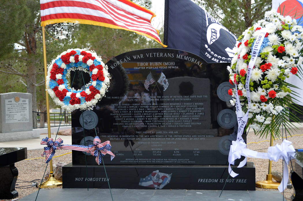 Celia Shortt Goodyear/Boulder City Review
A memorial honoring veterans of the Korean War was unveiled in the Memorial Garden at the Southern Nevada Veterans Memorial Ceremony in Boulder City durin ...