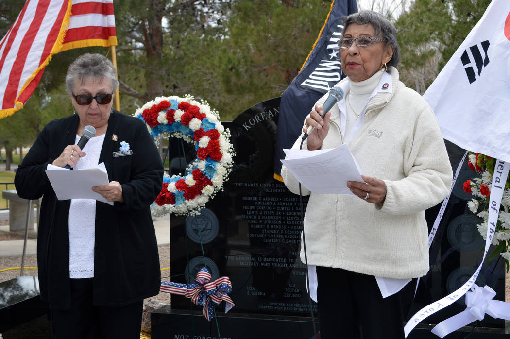 Celia Shortt Goodyear/Boulder City Review
Iris Keels, right, and Judy Ariola read the names of the 37 Nevada service members who died fighting in the Korean War at a ceremony to dedicate a new mem ...