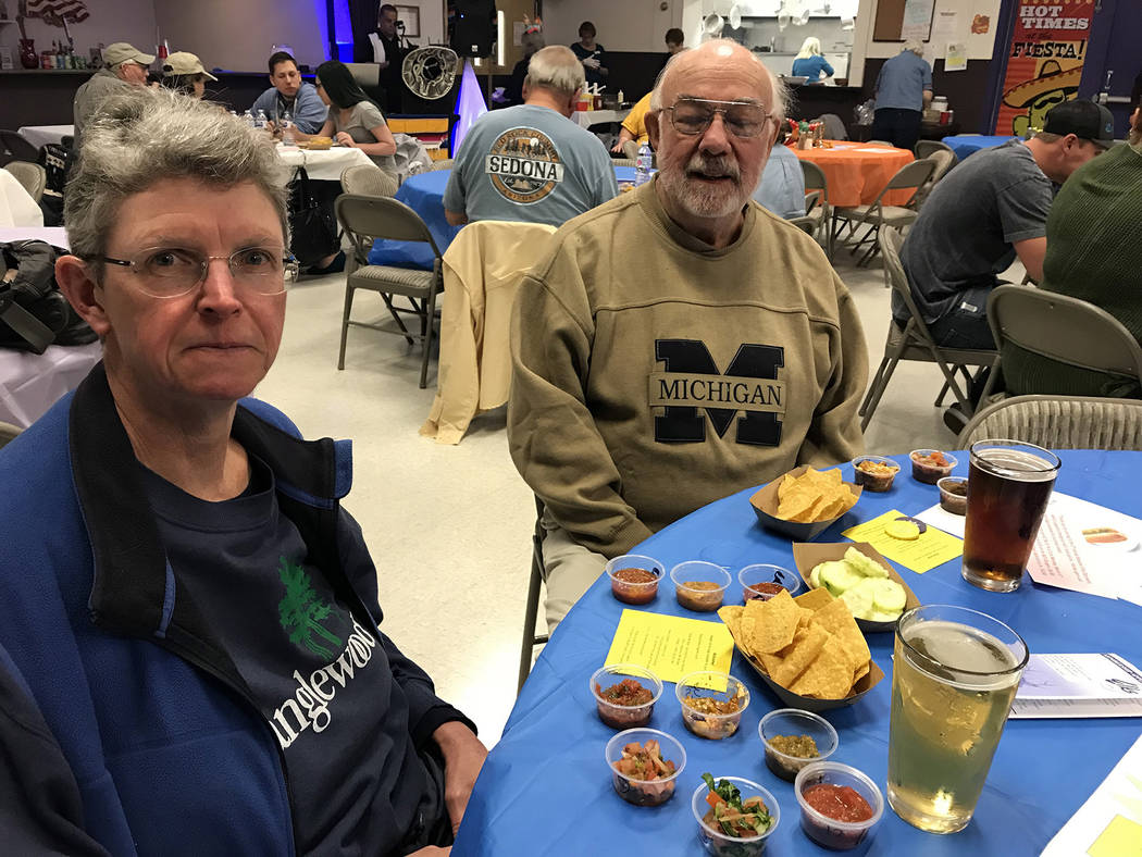 Hali Bernstein Saylor/Boulder City Review
Molly Weaver and James Froseth sample a variety of salsas and dips during the March 3, 2018, Mexican Chip Dip Competition presented by Boulder City Elks L ...
