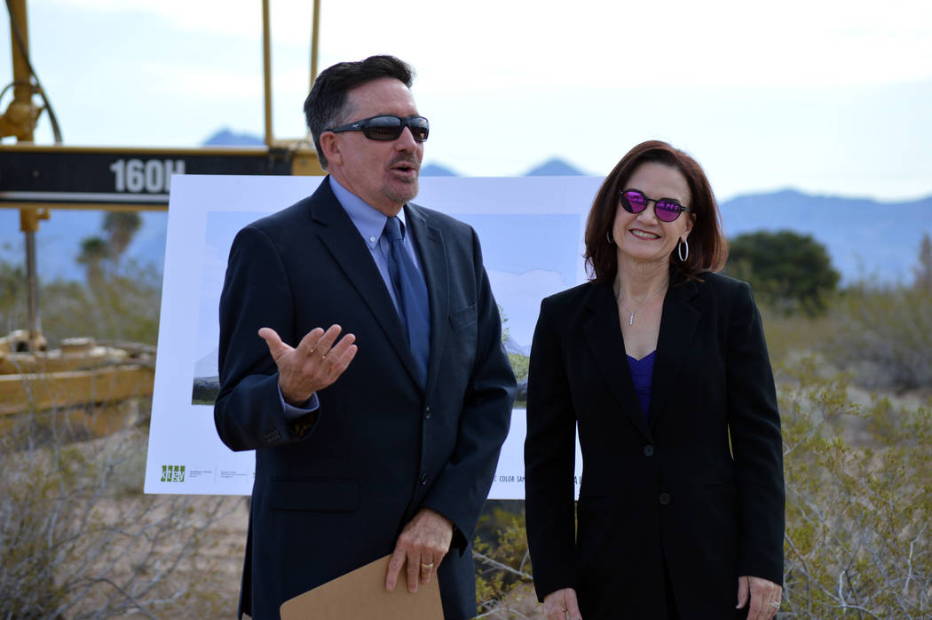 Celia Shortt Goodyear/Boulder City Review
StoryBook Homes' Co-principals Wayne and Catherine Laska welcome those who came to the groundbreaking ceremony Wednesday for their 127-home new subdivisio ...