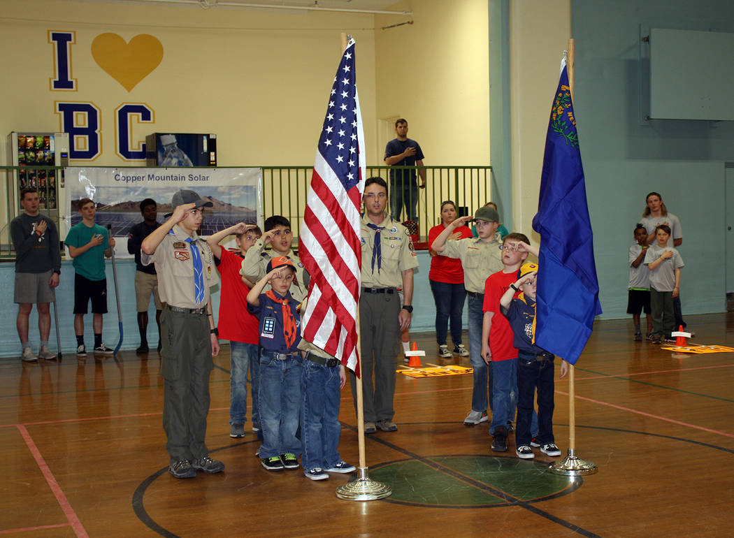 Kelly Lehr
Members of Boy Scout Pack 30, Troop 7, conducted a flag ceremony March 14 to open the Boulder City Parks and Recreation Department's youth floor hockey league for third-sixth-graders.