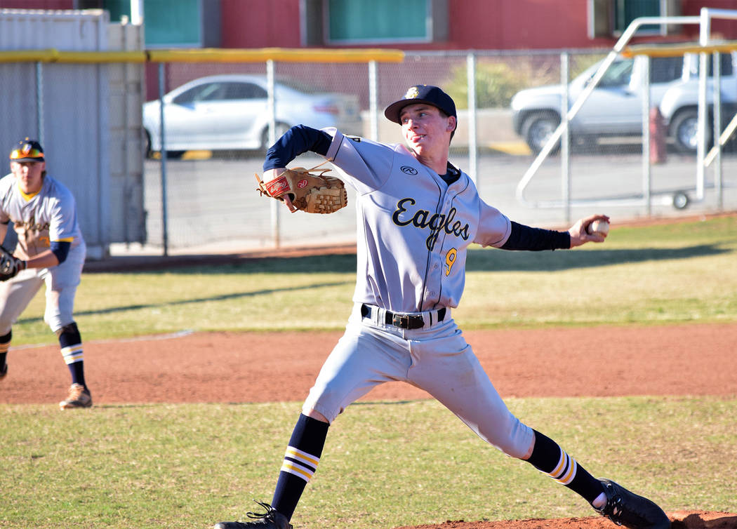 Robert Vendettoli/Boulder City Review
Boulder City High School senior Teddy Lobkowicz throws a strike down the middle in the fifth inning against Western on Monday. Lobkowicz went the distance aga ...