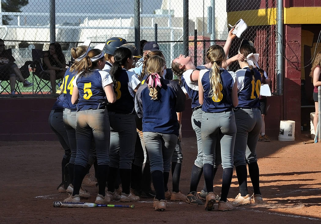 Horace Langford Jr./Pahrump Valley Times 
Senior Summer Coyle celebrates her seventh-inning home run with her softball team as Boulder City High School earned a 3-1 victory over Pahrump Valley on  ...