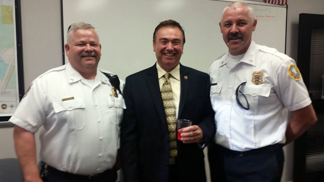Celia Shortt Goodyear/Boulder City Review
City staff welcomed new City Manager Al Noyola at a reception on Tuesday from left EMS Coordinator Jim Kindel, Noyola, and Boulder City Division Chief Chu ...