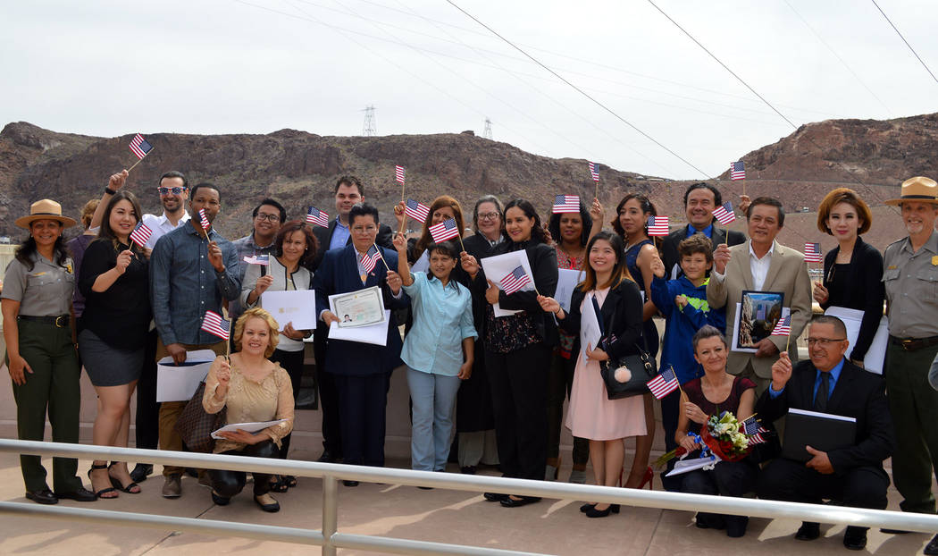 Celia Shortt Goodyear/Boulder City Review
More than 20 of the United States' newest citizens celebrate with U.S. District Judge Peggy Leen and representatives of the National Park Service after be ...