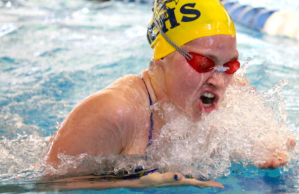 Laura Hubel/Boulder City Review
Aimee Garcia, a junior at Boulder City High School, swam a 2:16.56 earning first place and eight points for the Lady Eagles in the 200 individual medley during thei ...
