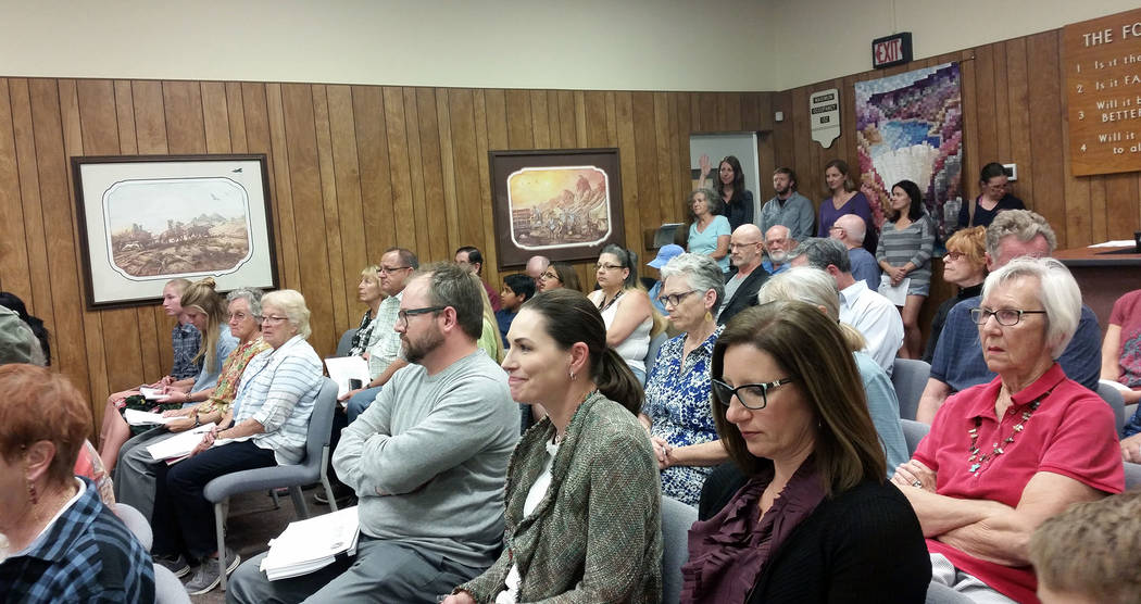 Celia Shortt Goodyear/Boulder City Review
Residents packed the City Council meeting on Tuesday, April 10, 2018, to share their opposition to selling historic properties in Boulder City.
