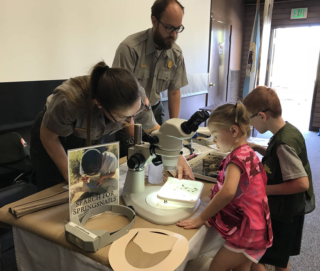 Hali Bernstein Saylor/Boulder City Review Jennifer Bailard and Michael Steiner of the Mojave Desert Network brought springsnails and aquatic insects for children to study during Junior Ranger Day ...