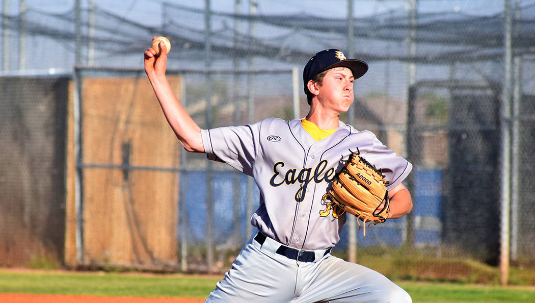 Robert Vendettoli/Boulder City Review Boulder City High School freshman Joey Giunta, seen on the mound in the Eagles' game against Sierra Vista on April 16, picked up the win April 19 against Del Sol.