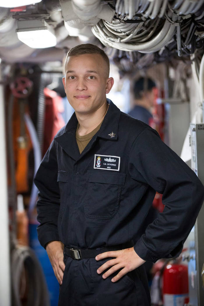 U.S. Navy Petty Officer 2nd Class Shay Severns is a Boulder City High School graduate and Boulder City native who is serving aboard the USS Pioneer.