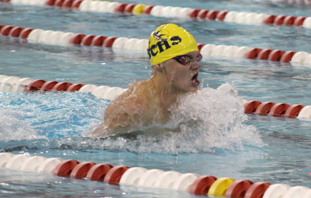 Tim Guesman/Las Vegas Review-Journal Boulder City High's junior A.J. Pouch competes in the 200 breaststroke at the Class 3A state swimming championships at UNLV on Saturday. He was the Eagles' lon ...