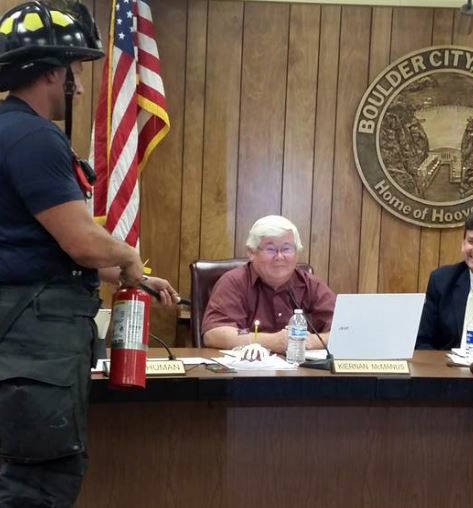 Celia Shortt Goodyear/Boulder City Review City Council recognized Councilman Kiernan McManus's birthday at the meeting Tuesday evening. Firefighters were on hand in case the candles got out of con ...