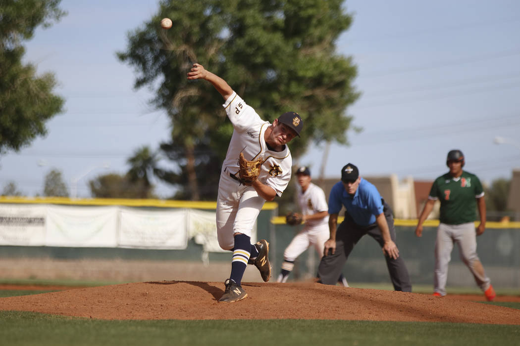 File D.J. Reese, a senior at Boulder City High School, seen pitching against Mojave in May, was named to the All-Southern Nevada first time.