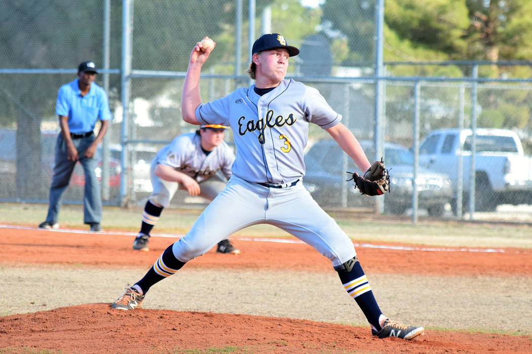 File Boulder City High School's senior starting pitcher Rhett Armstrong, seen in a March game against Desert Pine, was named to the All-Southern Nevada first team for his efforts this season.