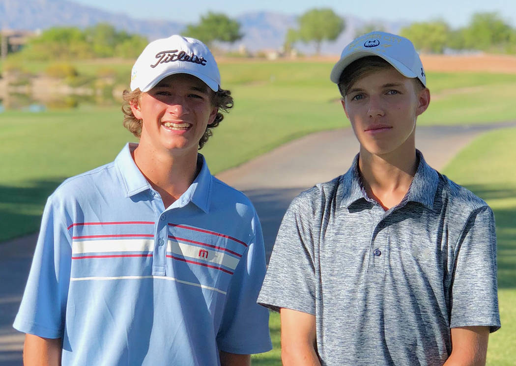 Andy Schaper Boulder City High School sophomore Blake Schaper, left, and class of 2018 graduate Jackson Wright pause for a moment after the RecruitLook Junior Golf Tour Championship at Cascata Gol ...