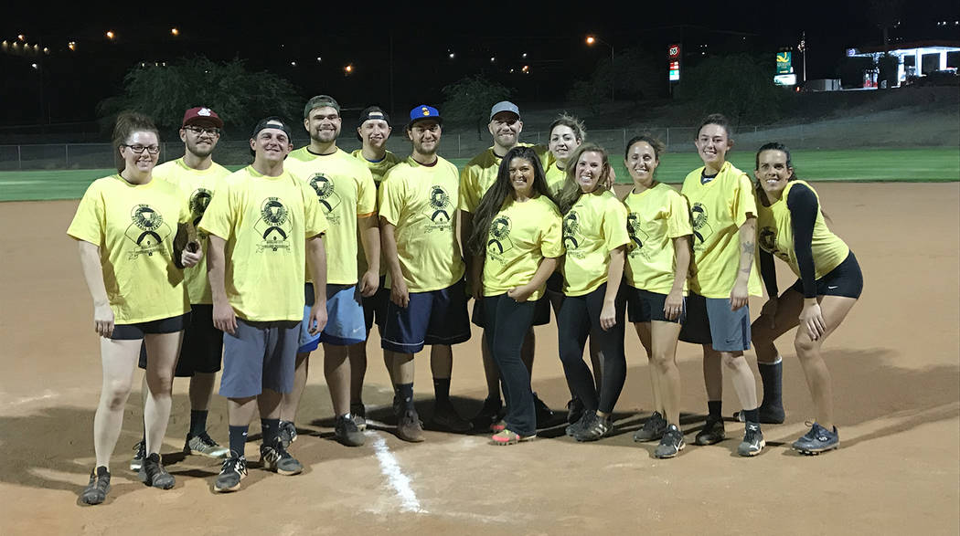Kelly Lehr Members of Boulder City Parks and Recreation’s adult coed softball league winning team, Boulder Dam Brew Pub, are, from left, Jen Rodriguez, Tyler Bletsch, Jake Gullo, Eddie Fee ...
