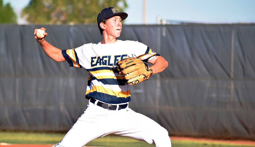 Robert Vendettoli/Boulder City Review Dominant on the mound, Joey Giunta of the Southern Nevada Eagles 16U team in the Connie Mack summer baseball league throws a strike against Shadow Ridge on Ju ...
