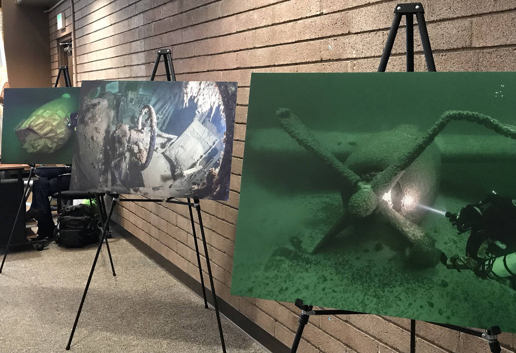 Hali Bernstein Saylor/Boulder City Review Photos taken of the B-29 Superfortress submerged at the bottom of Lake Mead were displayed at Saturday's event to mark the 70th anniversary of its crash.