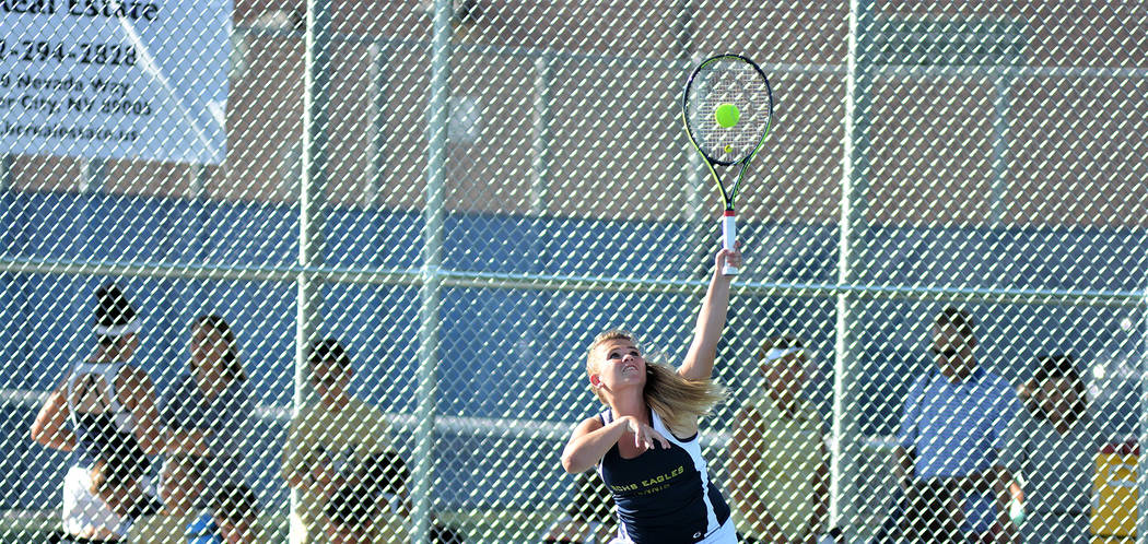 Robert Vendettoli/Boulder City Review Boulder City High School junior doubles player Katelyn Fox was instrumental in helping the Lady Eagles rout Virgin Valley 16-2 on Aug. 29.