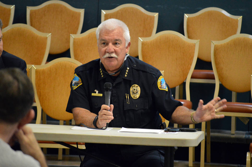 Celia Shortt Goodyear/Boulder City Review Boulder City Police Chief Tim Shea talks about off-highway vehicles at a town hall meeting at the Elaine K. Smith Building on Tuesday.