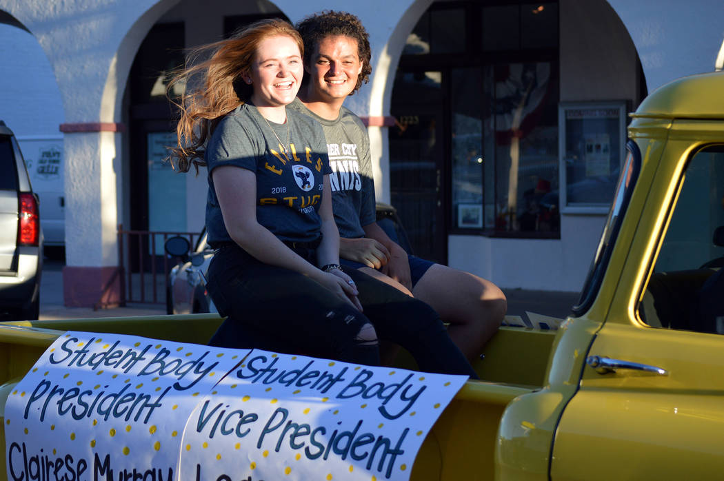 Celia Shortt Goodyear/Boulder City Review Clairese Murray, student body president, and Leaf Kaboli, student body vice president, are all smiles during the 2018 homecoming parade in downtown Boulde ...