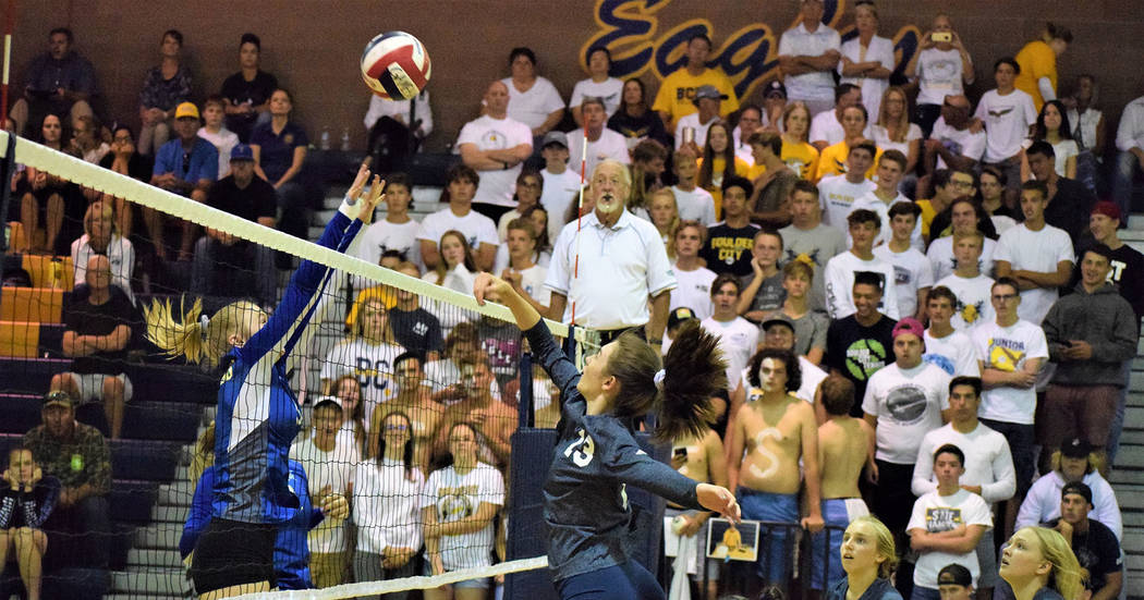 Robert Vendettoli/Boulder City Review Boulder City High School junior Raegan Herr added 10 kills to help the Lady Eagles defeat Moapa Valley in five sets Monday.