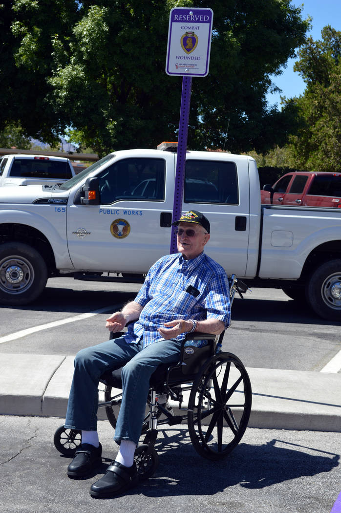 Celia Shortt Goodyear/Boulder City Review World War II veteran William Dunsmore was on hand Monday, Sept. 17, to unveil a parking spot at City Hall, 401 California Ave., that is now reserved for P ...