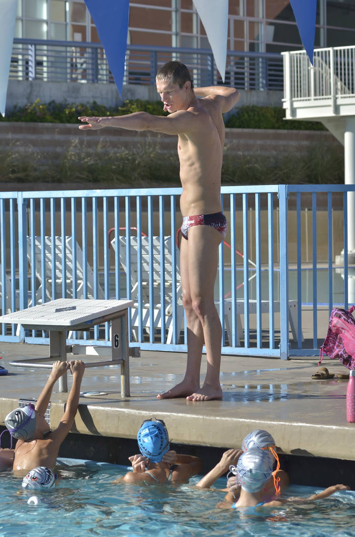 Bill Hughes/Las Vegas Review-Journal Zane Grothe conducts a swimming clinic for members of the Boulder City-Henderson Heatwave swim team at the Henderson Multigenerational Center on Saturday. Grot ...