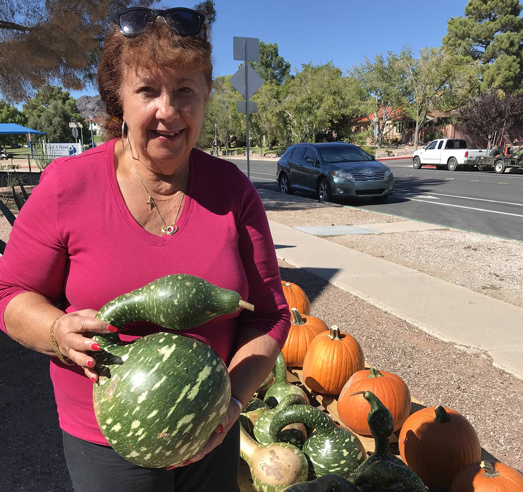 Hali Bernstein Saylor/Boulder City Review Tati Johnisee, a member of Boulder City United Methodist Church, shows off one of the swan gourds available at the church's pumpkin patch at the corner of ...