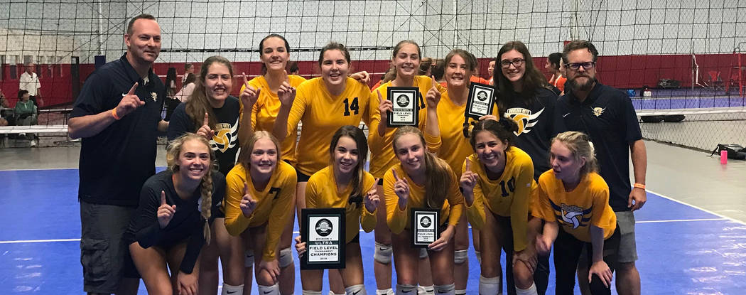 Kim Bailey Boulder City High School's varsity volleyball team celebrates its championship in the FieldLevel Southern California Invitational tournament in San Diego, played Friday and Saturday.