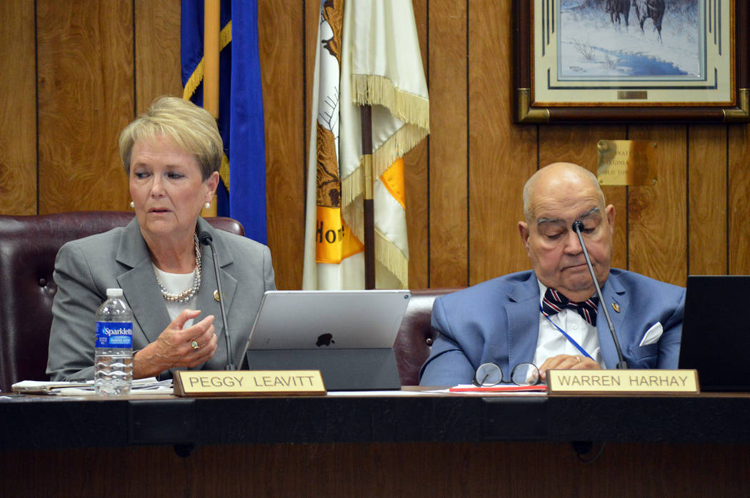 Celia Shortt Goodyear/Boulder City Review Councilwoman Peggy Leavitt discusses waiting to move forward with a proposed utility advisory committee during the City Council meeting Tuesday while Coun ...