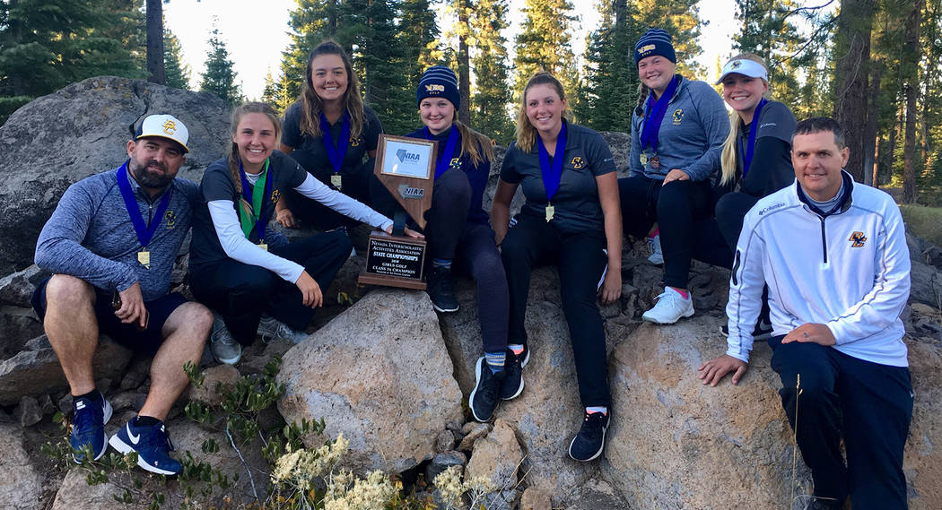 Kelly Reese The girls varsity golf team from Boulder City High School celebrates is second consecutive state championship Tuesday, Oct. 16. The Lady Eagles had a six-stroke lead after starting the ...