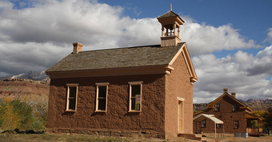 Deborah Wall The Grafton Schoolhouse/church was built in 1886 of rustic adobe on a foundation of lava rocks. The abandoned town is about 20 minutes away from the main entrance to Zion National Par ...