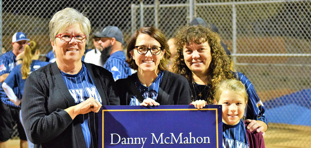 Robert Vendettoli/Boulder City Review Among those attending the Oct. 18 dedication of a softball field at Hemenway Valley Park to the late Danny McMahon were, from left, Judy McMahon, Kesha McMaho ...