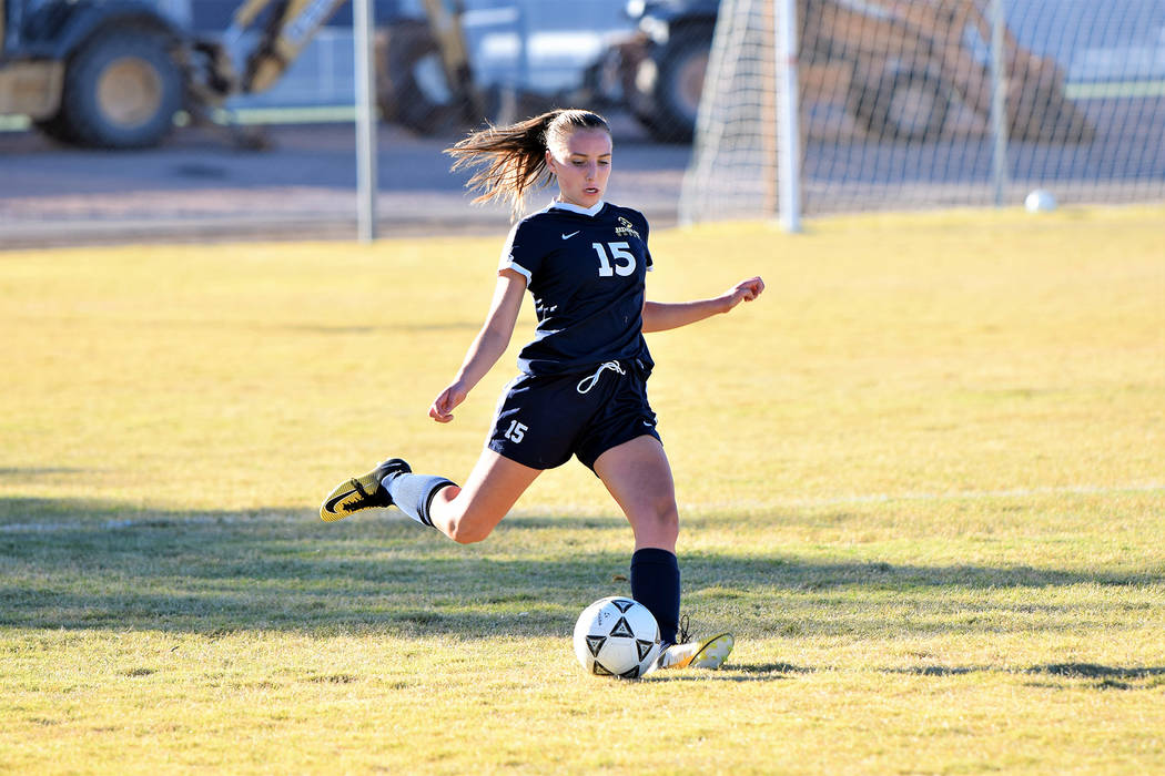 (Robert Vendettoli/Boulder City Reivew) Boulder City High School Junior Madison Manns soars a kick down field for the Lady Eagles against Moapa Valley on Oct. 24, 2018. The girls won 1-0 and heade ...