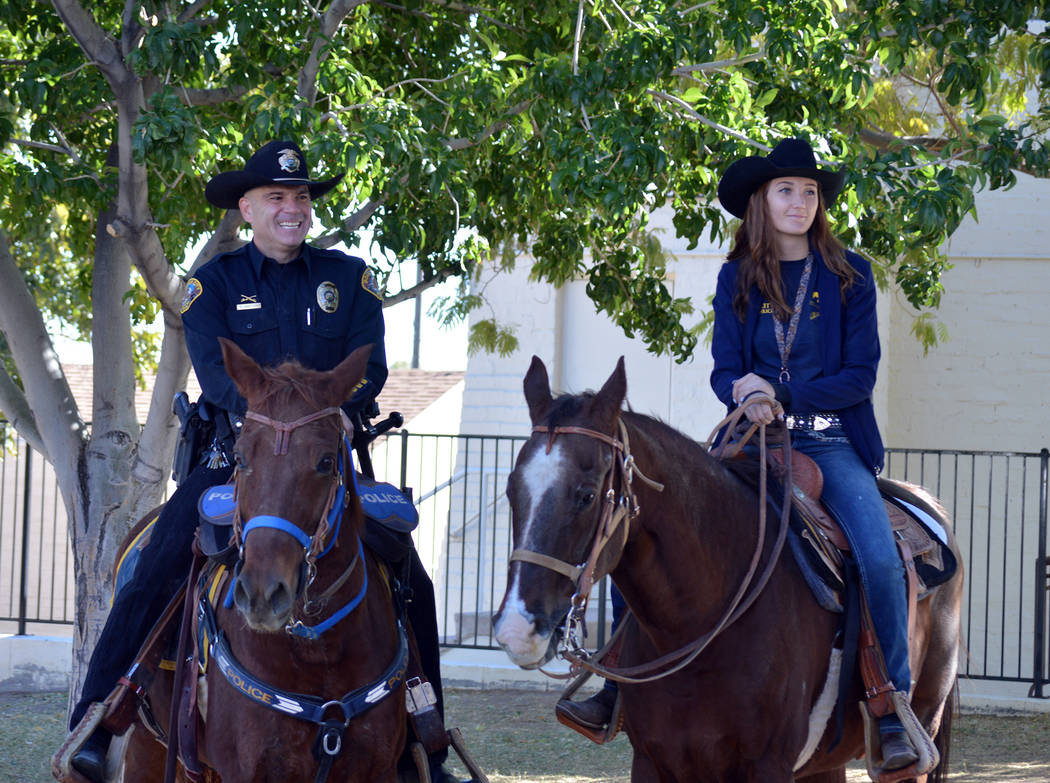 Celia Shortt Goodyear/Boulder City Review Boulder City Police Officer Scott Pastore and Odie talked to Grace Christian Academy students on Wednesday, Oct. 31, about the proper care of horses along ...
