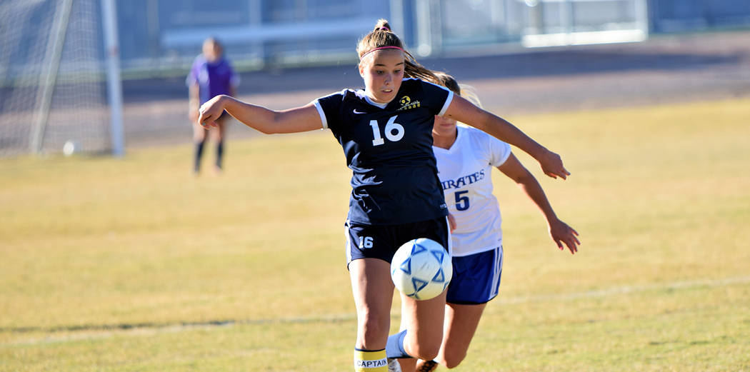 (Robert Vendettoli/Boulder City Review) Makenna Arboreen, a junior at Boulder City High School, seen in action Oct. 24, in the Lady Eagles' 1-0 win against Moapa Valley, was named the 3A Sunrise L ...