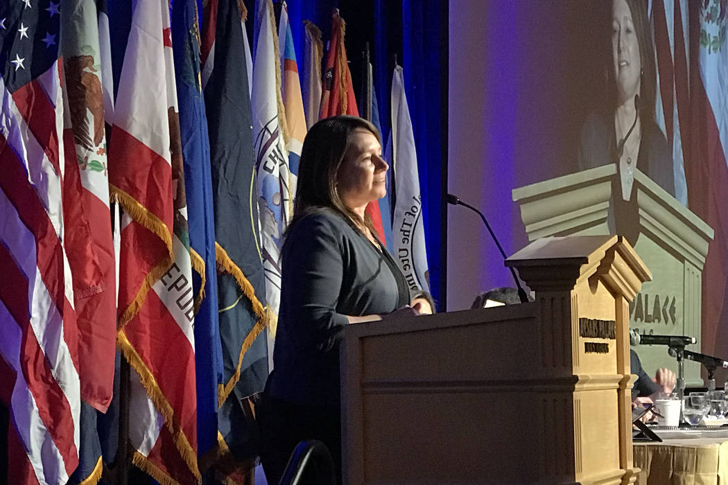 (Henry Brean/Las Vegas Review-Journal) U.S. Bureau of Reclamation Commissioner Brenda Burman speaks during the annual meeting of the Colorado River Water Users Association on Dec. 13 at Caesars Pa ...