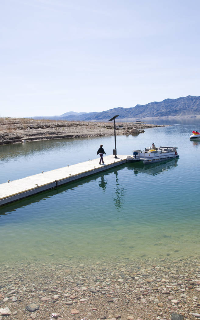The dock at South Cove boat launch ramp, near the eastern end of Lake Mead National Recreation Area, as it looked in September 2007, when the lake level was about 30 feet higher than it is now. Na ...