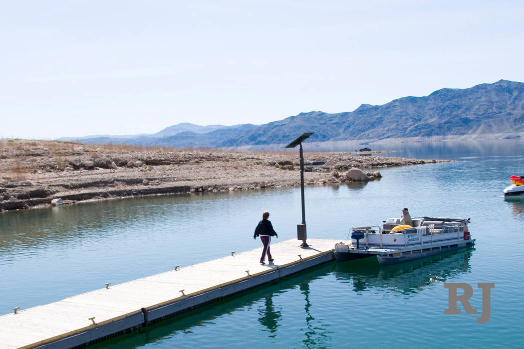 The dock at South Cove boat launch ramp, near the eastern end of Lake Mead National Recreation Area, as it looked in September 2007, when the lake level was about 30 feet higher than it is now. (N ...