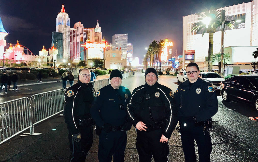 (Boulder City Police Department) Boulder City Police officers, from left, Ian Ham, Chris Gelson, Pete Wheeler and Giovanni Torcaso were among eight from the department who worked New Year's Eve o ...