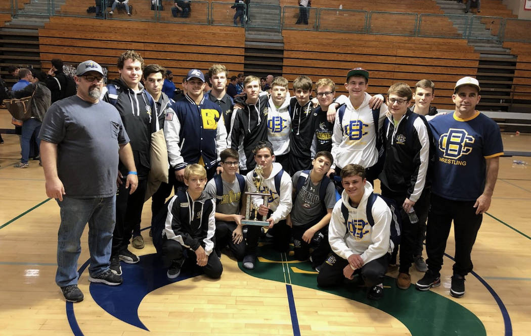 (Kim Cox) Boulder City High School's wrestling team celebrates its fifth-place finish out of 55 team at the 2018 Jimmy Hamada La Costa Canyon Tournament held Dec. 7 and 8 in California.
