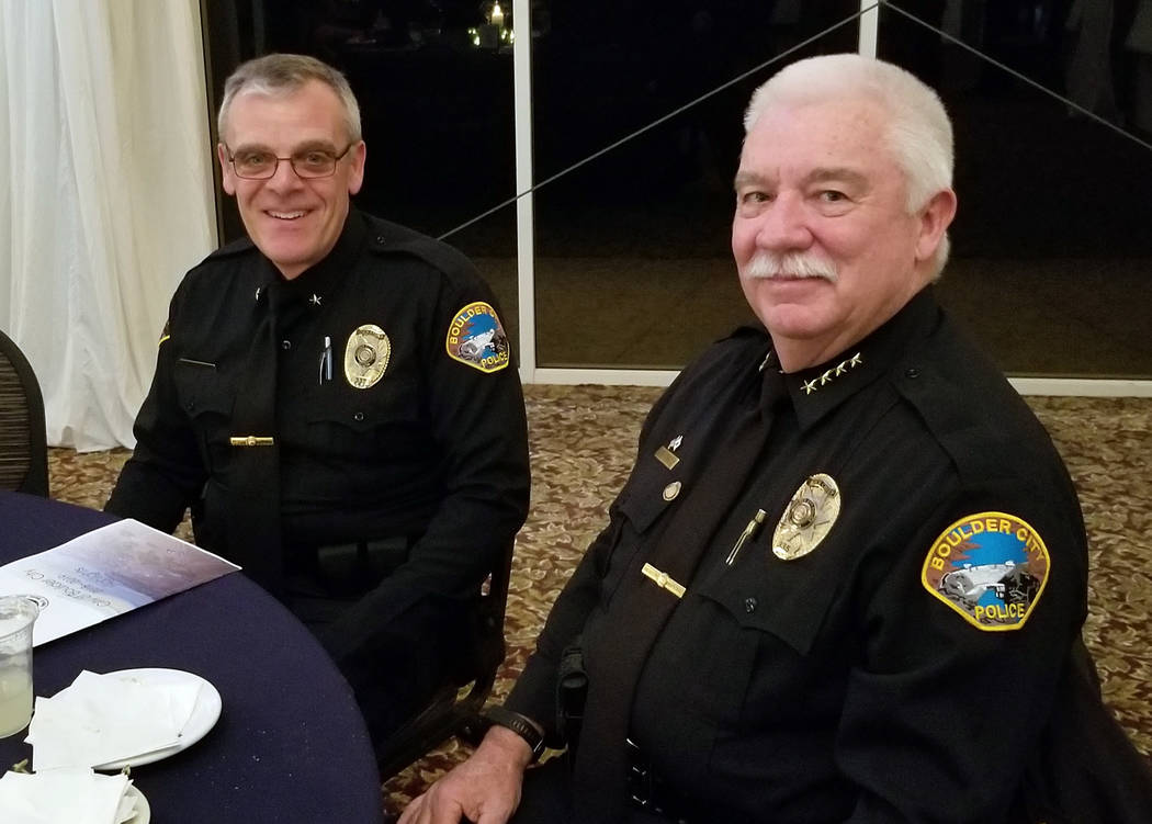 (Celia Shortt Goodyear/Boulder City Review) Boulder City Police Commander Brent Speyer, left, and Boulder City Police Chief Tim Shea enjoy a conversation at the mayor's State of the City on Thursd ...