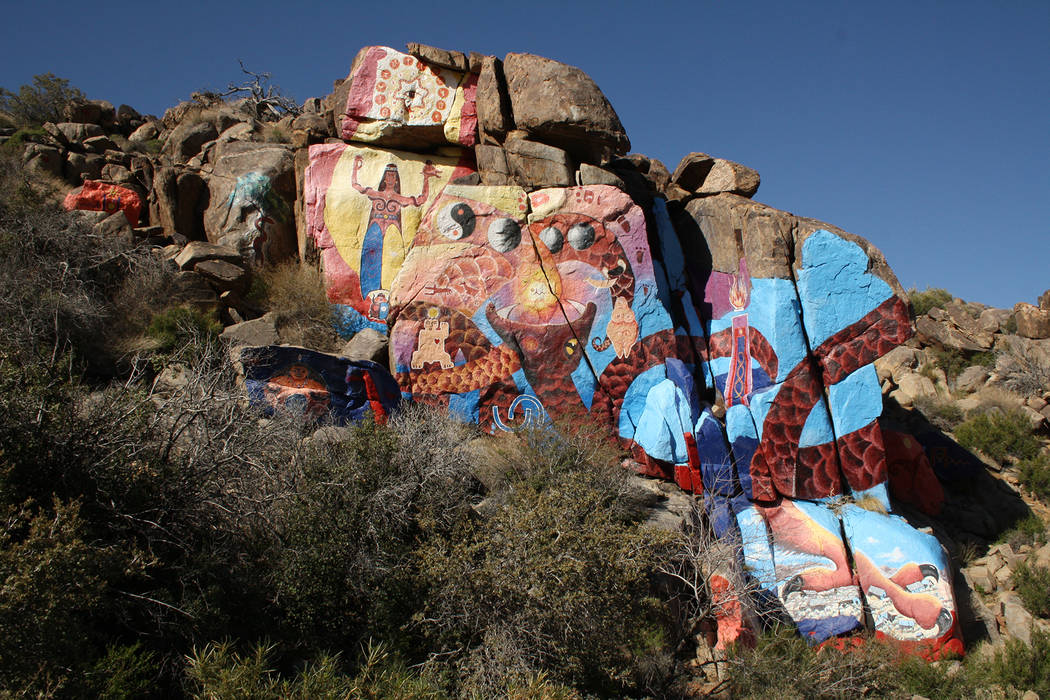 (Deborah Wall) Artist Roy Purcell’s murals are found in a canyon at the base of the Cerbat Mountains near Chloride, Arizona.
