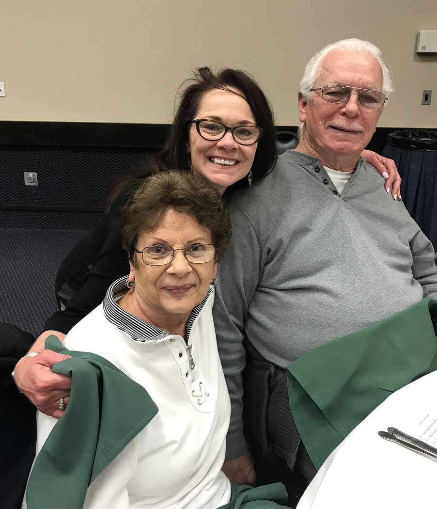 (Hali Bernstein Saylor/Boulder City Review) Joan and George Slocum were accompanied by their daughter Rebeckah Yeager, center, at Wednesday's, Feb. 20, 2019, annual membership meeting and dinner f ...