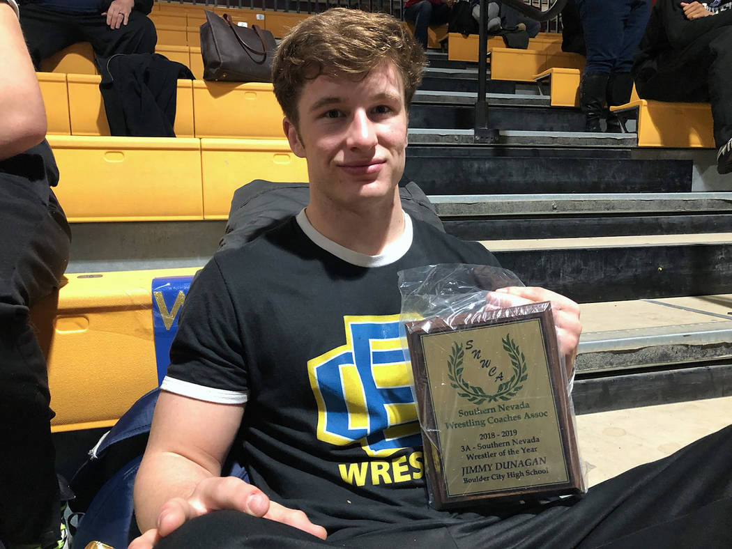 (Jim Cox) Boulder City senior wrestler Jimmy Dunagan is named the 3A wrestler of the year award by the Southern Nevada Wrestling Coaches Association.