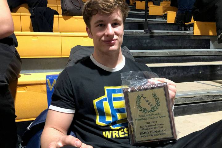 (Jim Cox) Boulder City senior wrestler Jimmy Dunagan is named the 3A wrestler of the year award by the Southern Nevada Wrestling Coaches Association.