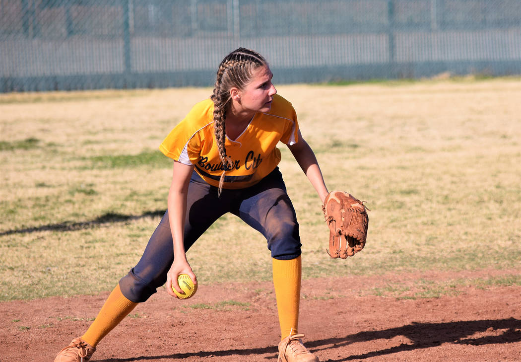 (Robert Vendettoli/Boulder City Review) Boulder City High School senior Ryann Reese, seen in a game last March against Western, will be a key player at bat and influencing her younger teammates.